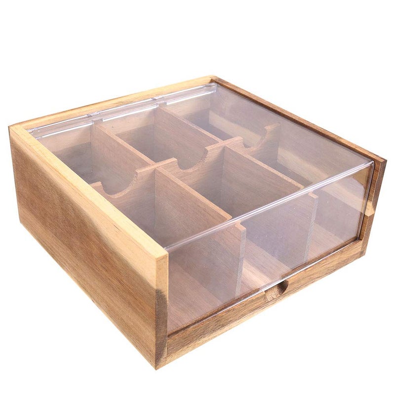 HTB Acacia Wood Tea Bag Organizer Storage, Gift Box 6 Compartments Tea Chest Box with Acrylic Transparent Hinged Lid - Image 4
